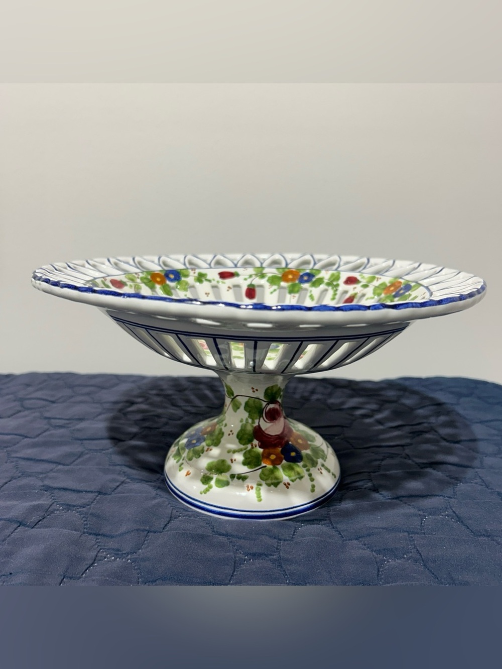 Hand-Painted Ceramic Pedestal Compote with Multicolor Floral Accents Italy